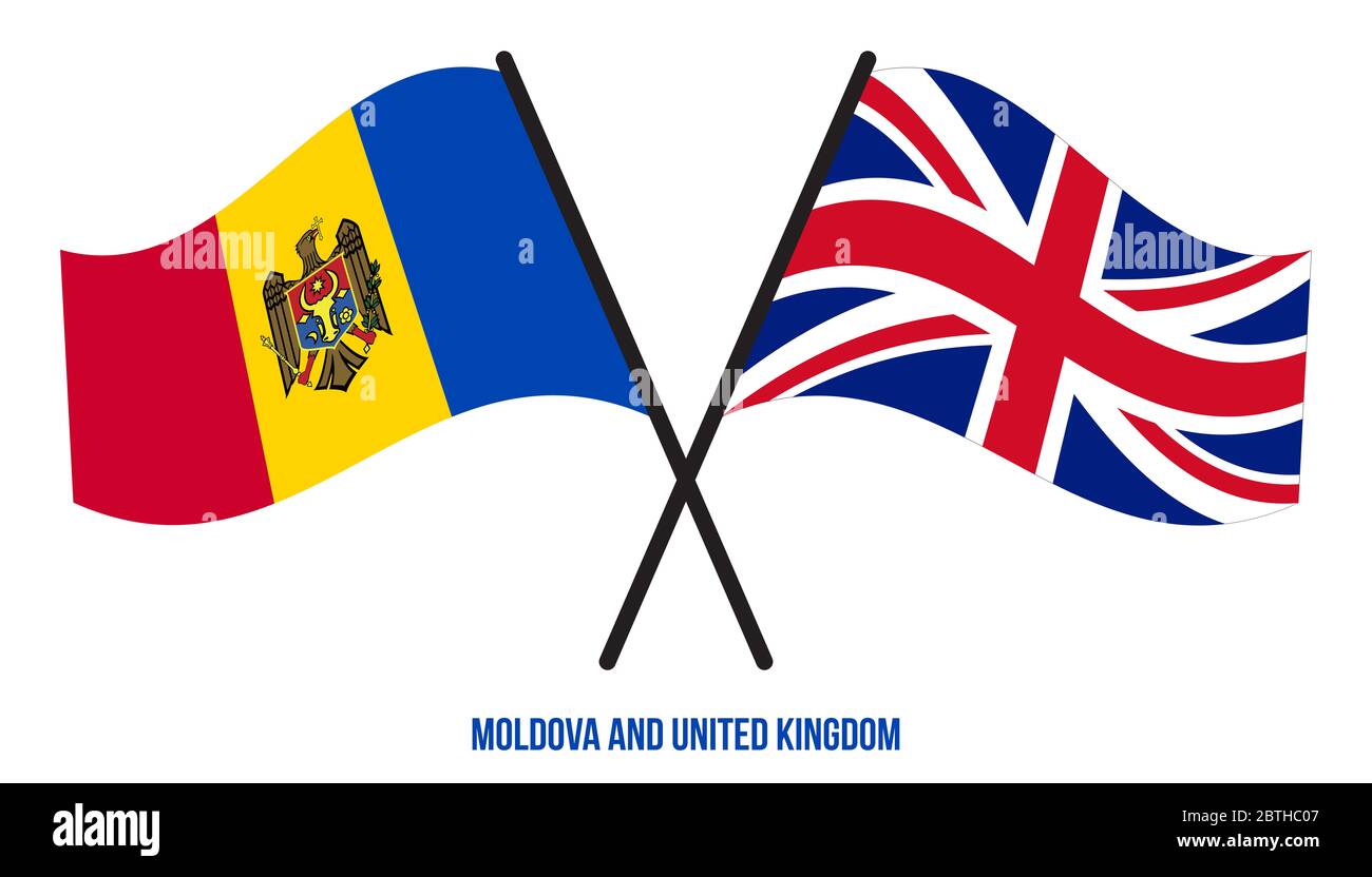 Moldawien und Großbritannien Flaggen gekreuzt und winken Flat Style. Offizieller Anteil. Richtige Farben. Stockfoto
