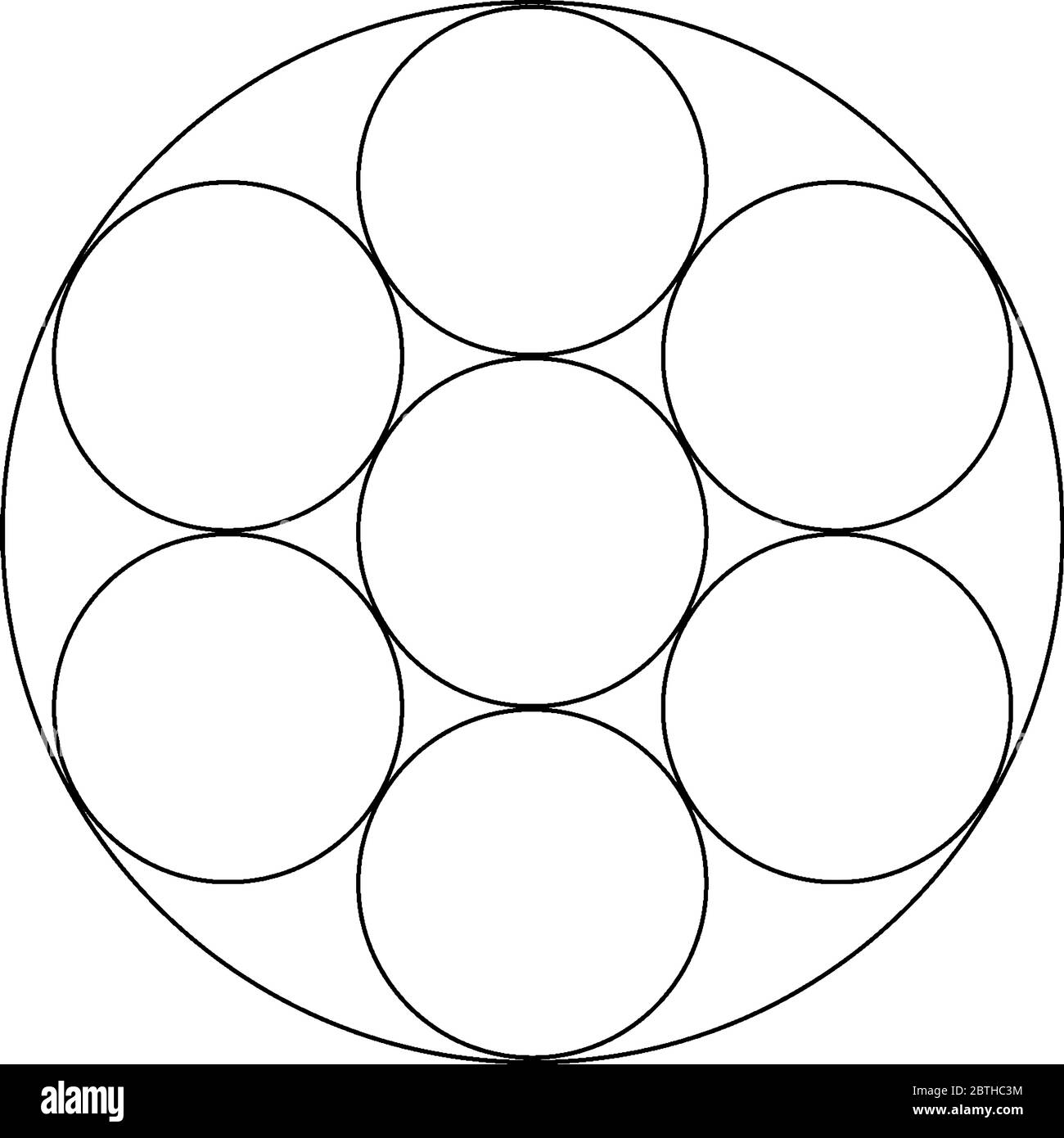 Sieben vollständige Kreis innerhalb eines großen Kreises und Seiten der Kreise berühren einander, so dass geometrische Form, Vintage-Linie Zeichnung oder Gravur Stock Vektor