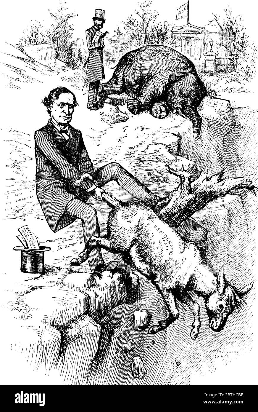 Ein Mann versucht, zu retten fallen Esel (Demokratische Partei), und ein Elefant (Republikanische Partei) liegt als tot, Vintage-Linie Zeichnung oder Gravur Stock Vektor