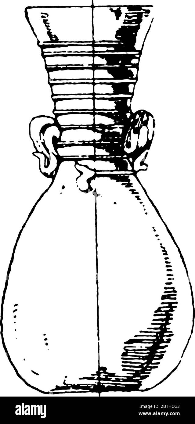 Die Vase aus irisierendem Glas, hat einen sackartigen Körper ohne Fuß und einen schmalen Hals mit ohrenförmigen Griffen, Vintage-Strichzeichnung oder Gravur i Stock Vektor