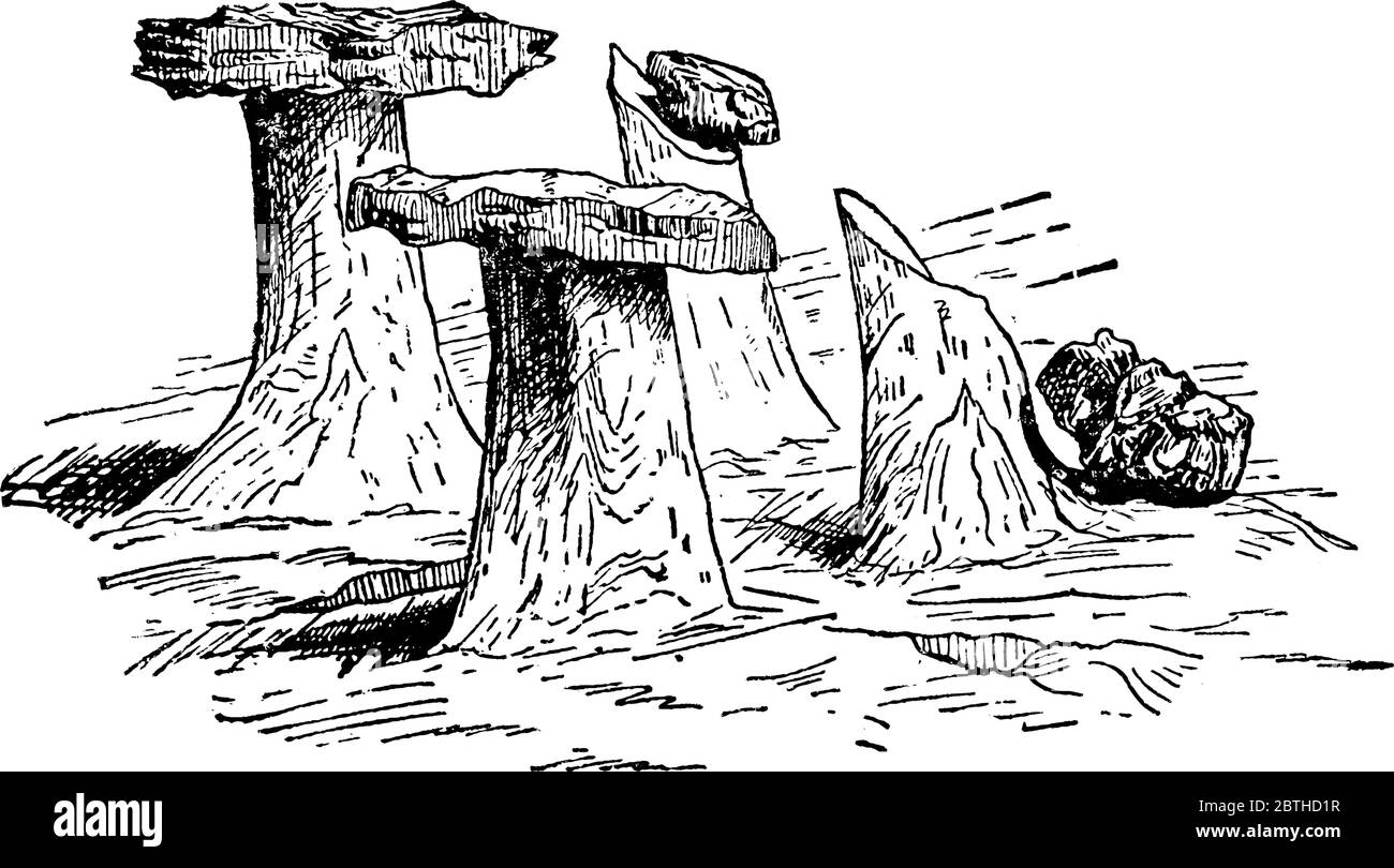 Abbildung zeigt einen Felsen, der auf einer Eissäule auf einem Gletscher sitzt, Vintage-Strichzeichnung oder Gravur-Illustration. Stock Vektor