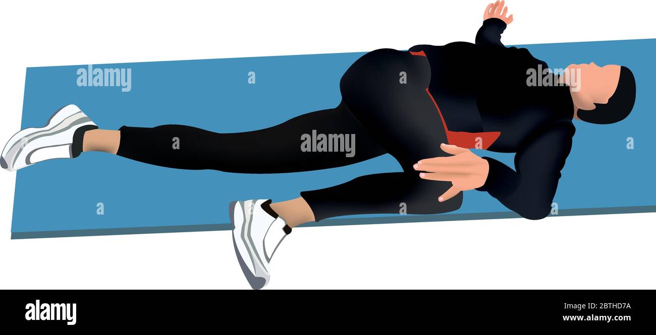 Haltungsgymnastik. Die Abbildung zeigt einen Mann auf einer Matte, der eine Dehnungsübung durchführt. Stock Vektor