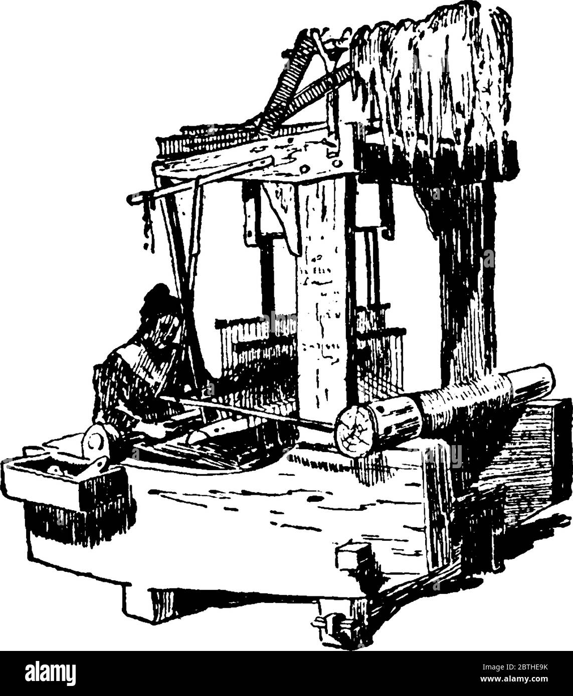 Eine Frau, die an Webmaschine arbeitet. Webstuhl ist ein Gerät zum Weben von Kleidung. Der Hauptzweck der Webmaschine s, um den Faden zu halten, um zu helfen Stock Vektor