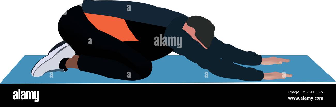 Haltungsgymnastik. Die Abbildung zeigt einen Mann auf einer Matte, der eine Dehnungsübung durchführt. Stock Vektor