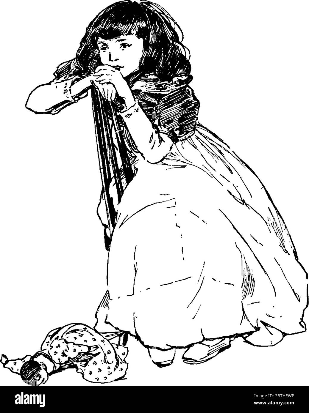 Ein Mädchen, das auf einem Stuhl sitzt und ihr Kinn auf den Händen in der oberen Schiene des es, mit ihrer Puppe auf dem Boden liegend, Vintage Linie Zeichnung oder e Stock Vektor