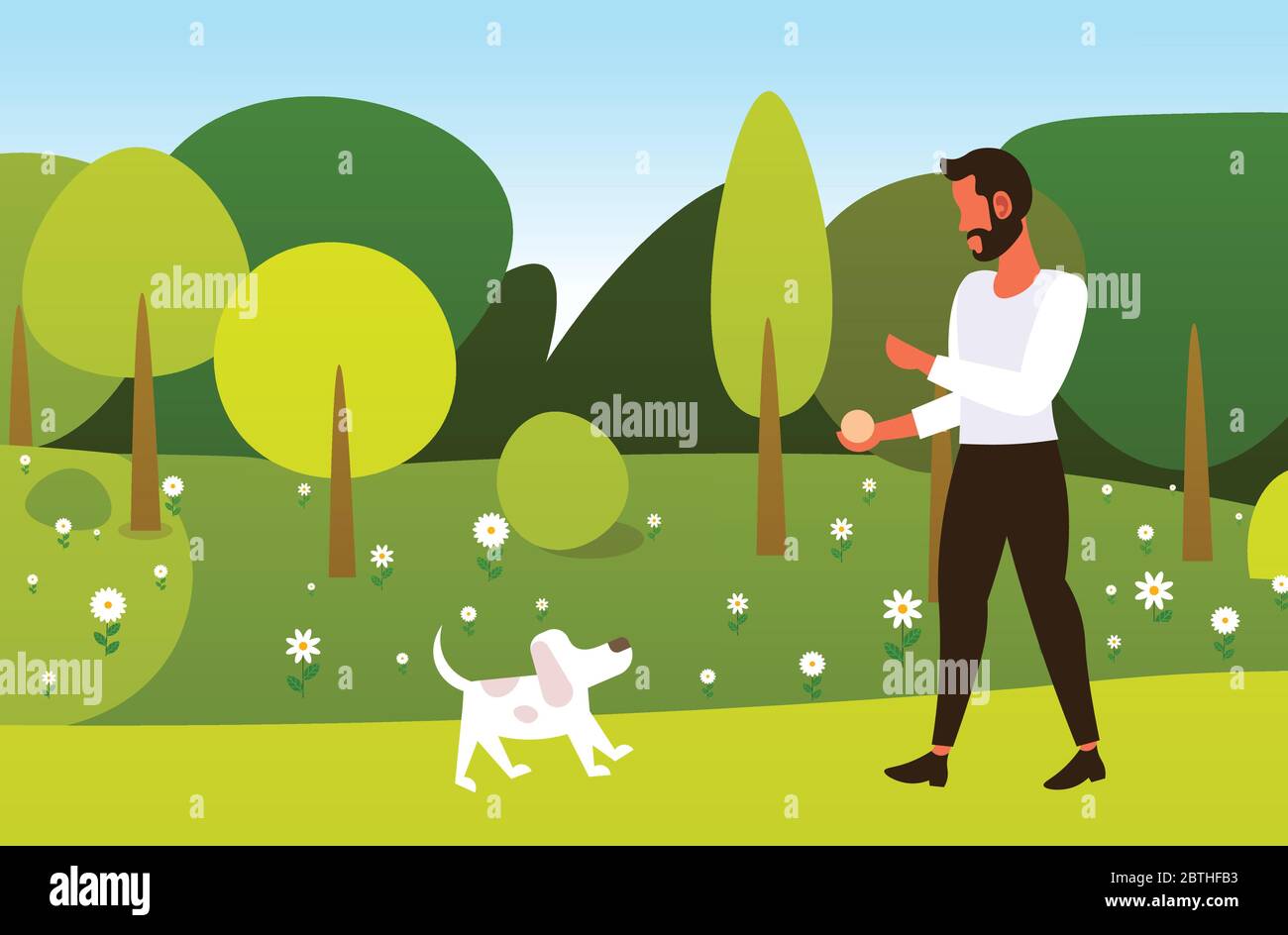 Junger Mann zu Fuß mit Hund im Freien im Park Kerl entspannen mit Haustier Frühling Zeit Konzept horizontale voller Länge Vektor-Illustration Stock Vektor