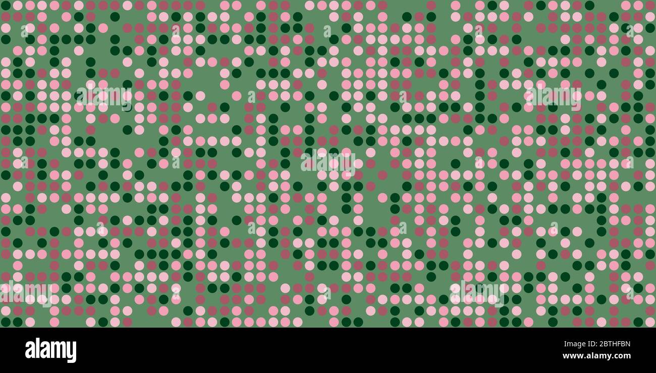 Lila und grüne Punkte auf grünem Hintergrund. Kleine Kreise als Partikel gleichmäßig zueinander. Tarnfarben. Konzept Der Informationssicherheit. Stock Vektor