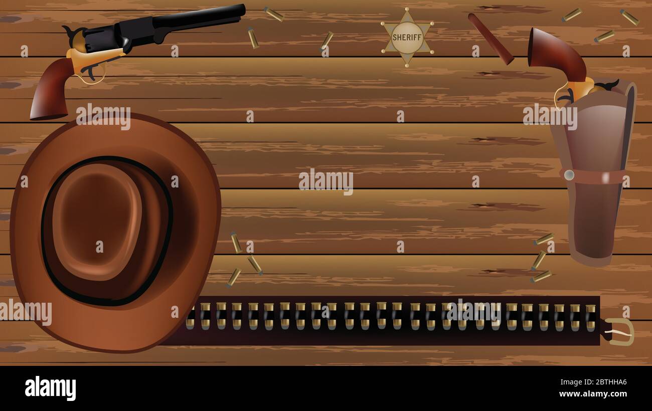 Westliche Accessoires und Objekte auf Holztisch. Vektorelemente, Pistolen, Kugeln mit Gürtel, Sheriff-Stern-Zigarre und Cowboy-Hut. Stock Vektor