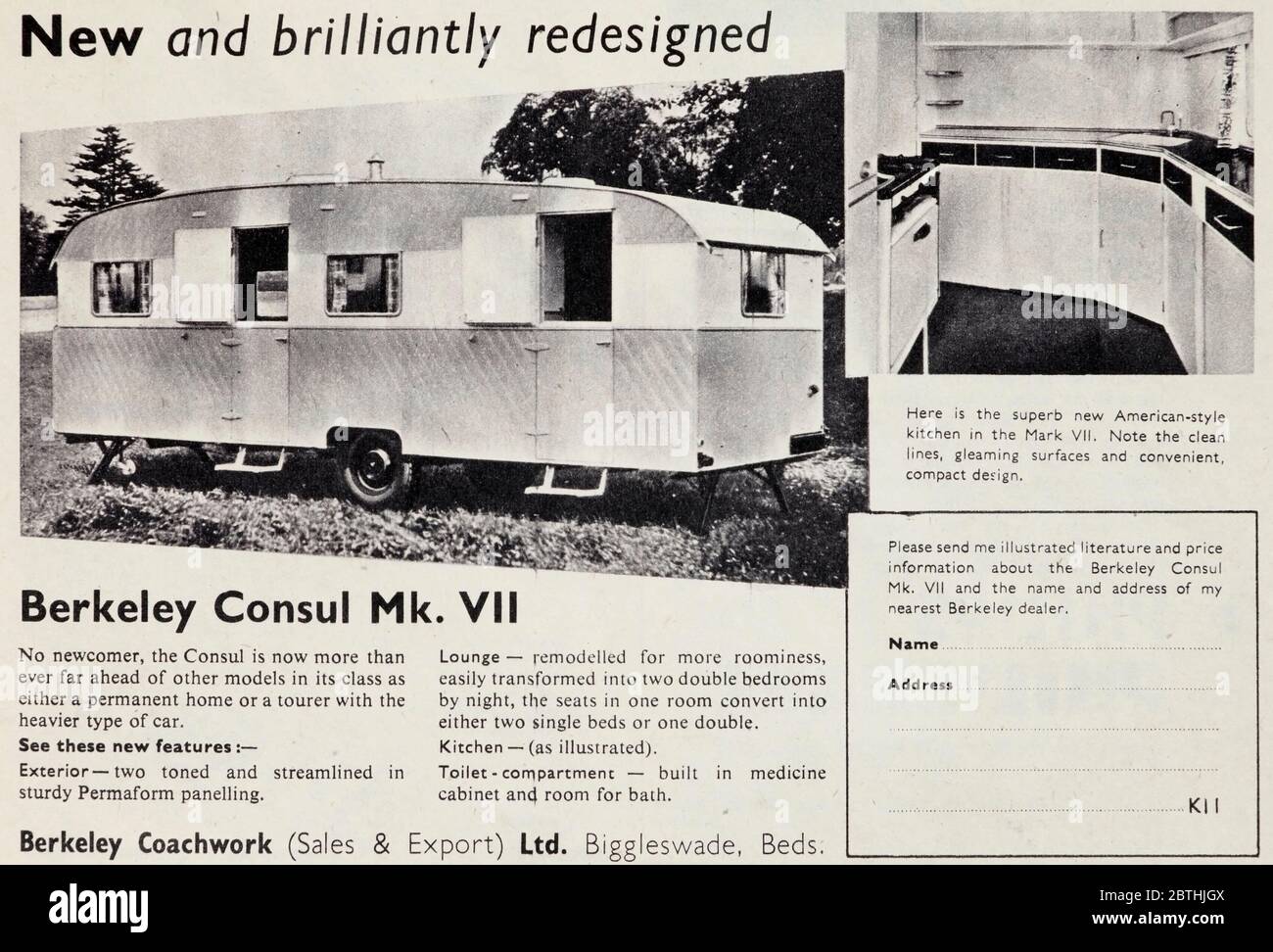 Vintage-Werbung für Berkeley Consul Wohnwagen. Stockfoto