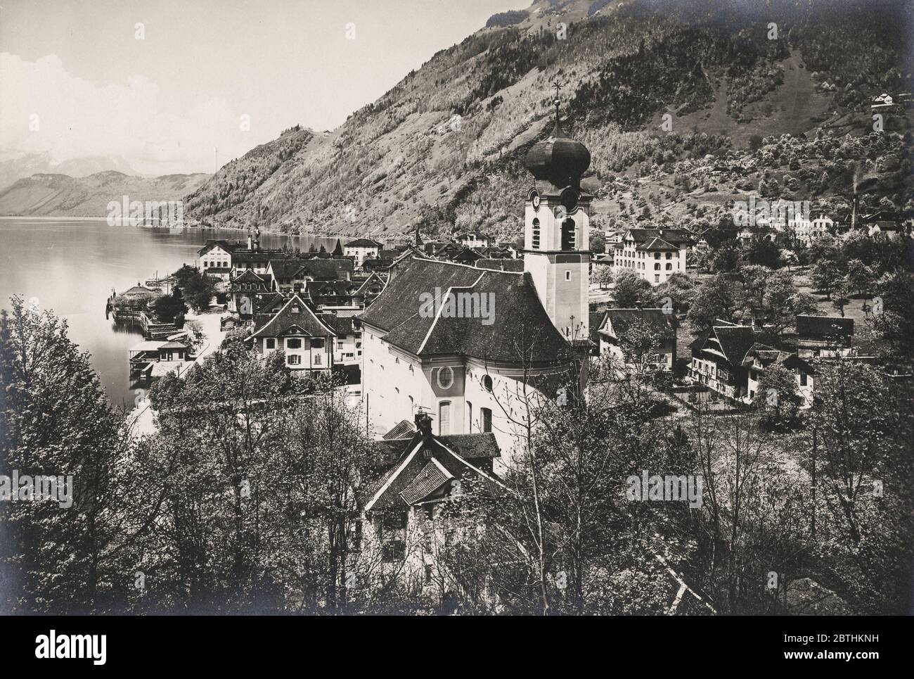 Foto des 19. Jahrhunderts - Gersau am Ufer des Vierwaldstättersees, Schweiz Stockfoto
