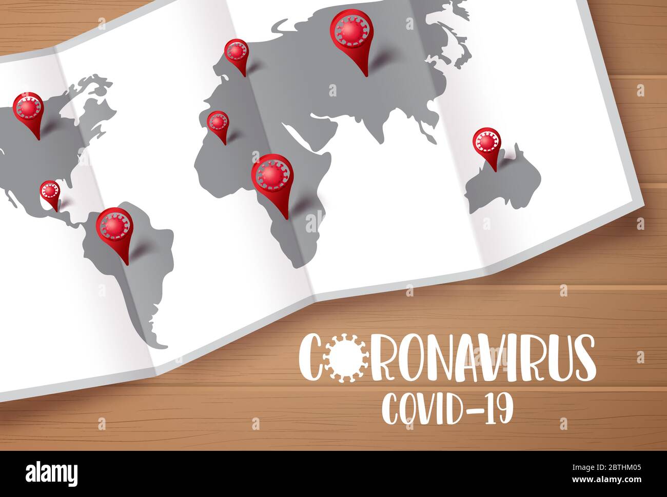 Covid-19-Coronavirus-Kartenvektordesign. Coronavirus-Covid-19-Text mit Weltkarte und ncov-Pin zur Navigation und Lokalisierung bestätigter Fälle in Holz Stock Vektor