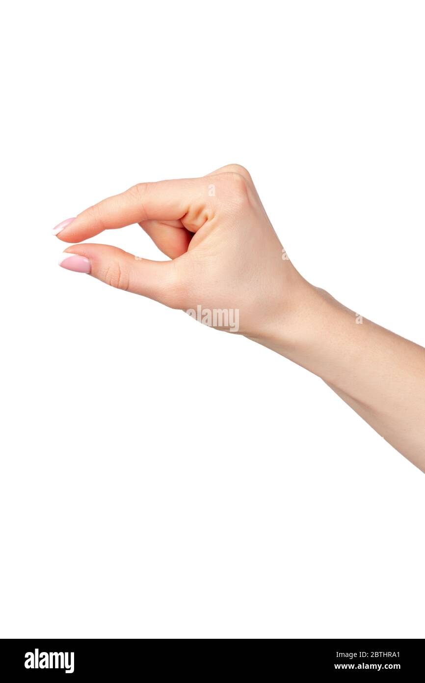 Weibliche Hand hält etwas isoliert auf weißem Hintergrund Stockfoto