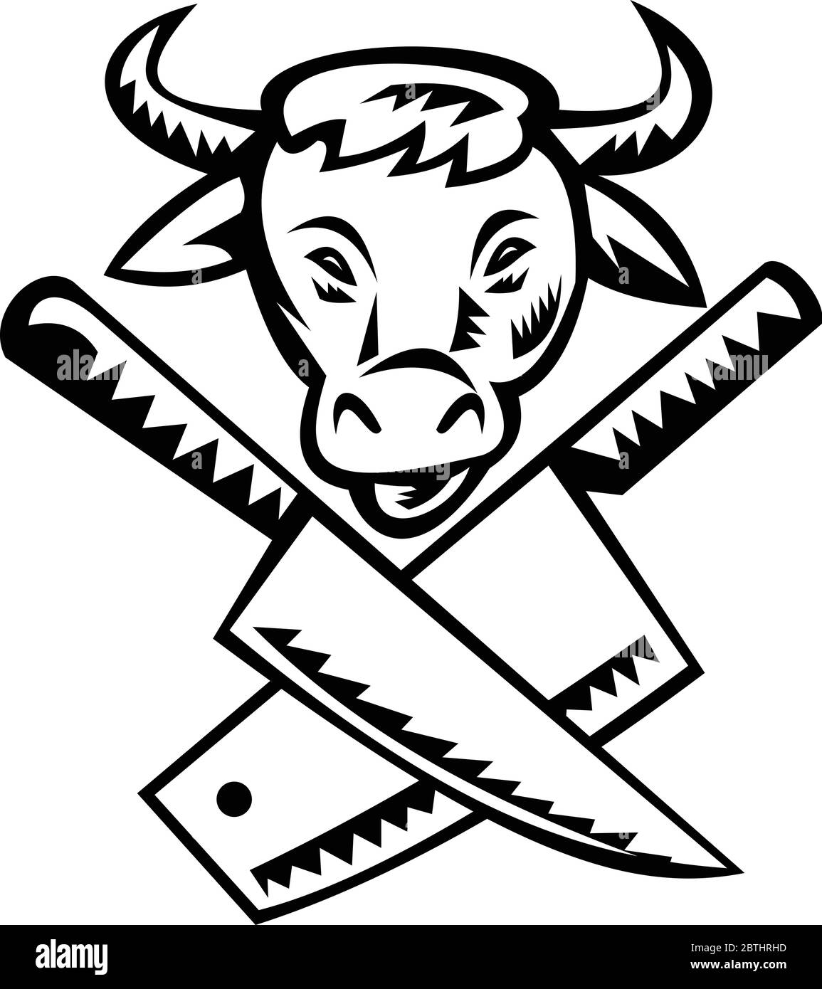 Retro Schwarz und Weiß Holzschnitt-Stil Illustration eines gekreuzten Metzgerfleischspalter Messer mit Kuhkopf nach vorne auf isolierten Hintergrund. Stock Vektor