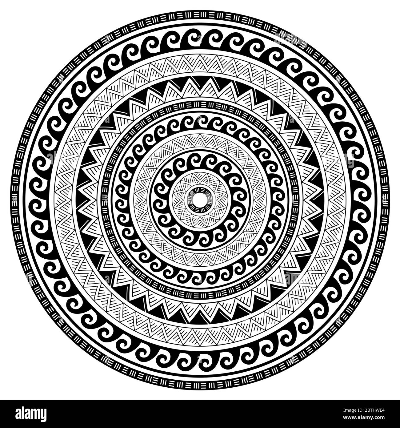 Tribal geometrisches Mandala Vektor Design, polynesisches hawaiianisches Tattoo Stil Muster mit Wellen, Dreiecken und abstrakten Formen Stock Vektor