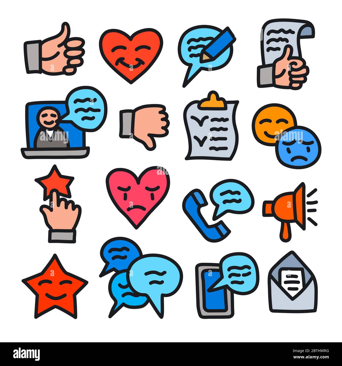 Satz von Testimonials Verwandte Vektor-Farbe Linie Symbole. Enthält Symbole für Customer Relationship Management, Feedback, Review und Emotion Stock Vektor