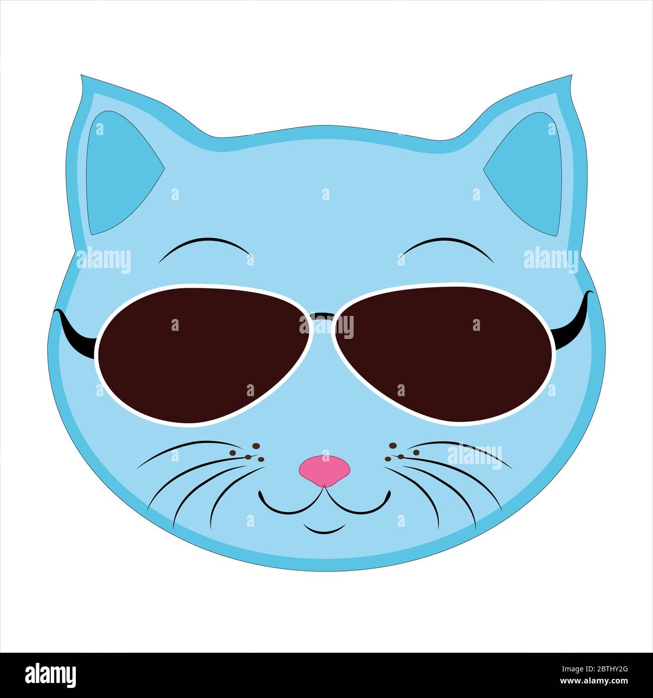 Flache Zeichnung einer Katze . Ein Emoji eines blauen Katzengesichts in Sonnenbrille. Zeichen und Symbole der Katze.Illustration Stockfoto