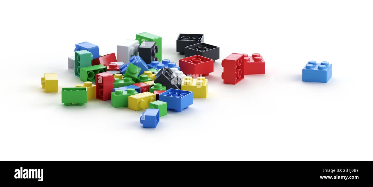 Lego Steine Heap. Beginn oder Ende eines Prozesskonzepts. 3D-gerendertes Bild. Keine urheberrechtlich geschützten Logos. Stockfoto