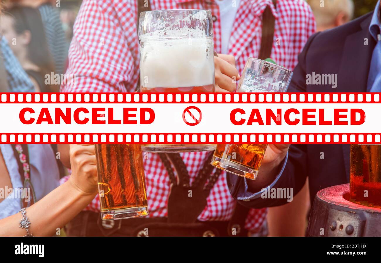 Information abgesagte Veranstaltungen, Partys, Münchner Bierfest, Musikfestivals mit Event-Hintergrund. Konzept des Pandemieausbruchs. Stockfoto