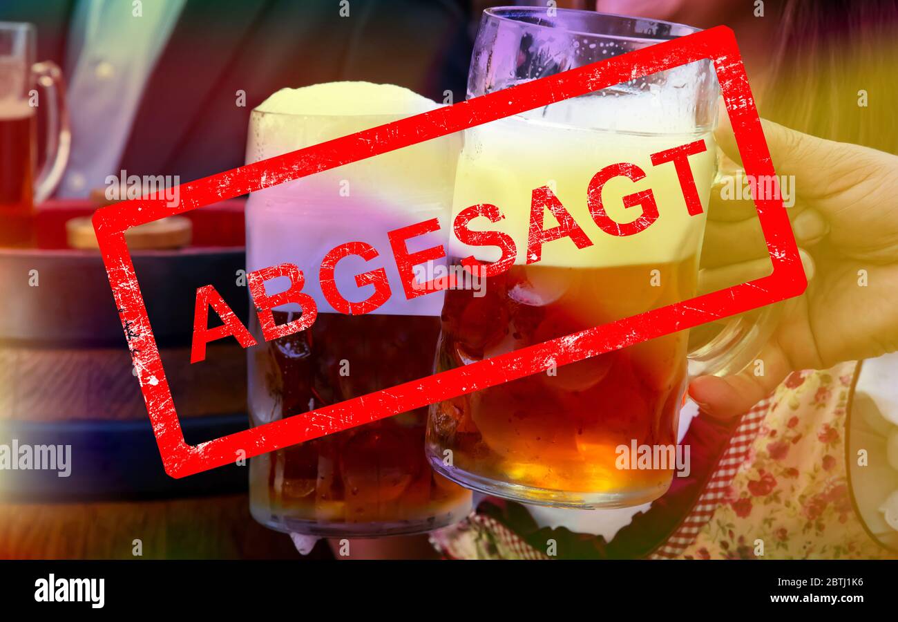 Information abgesagte Veranstaltungen, Partys, Münchner Bierfest, Musikfestivals mit Event-Hintergrund. Konzept des Pandemieausbruchs. Stockfoto