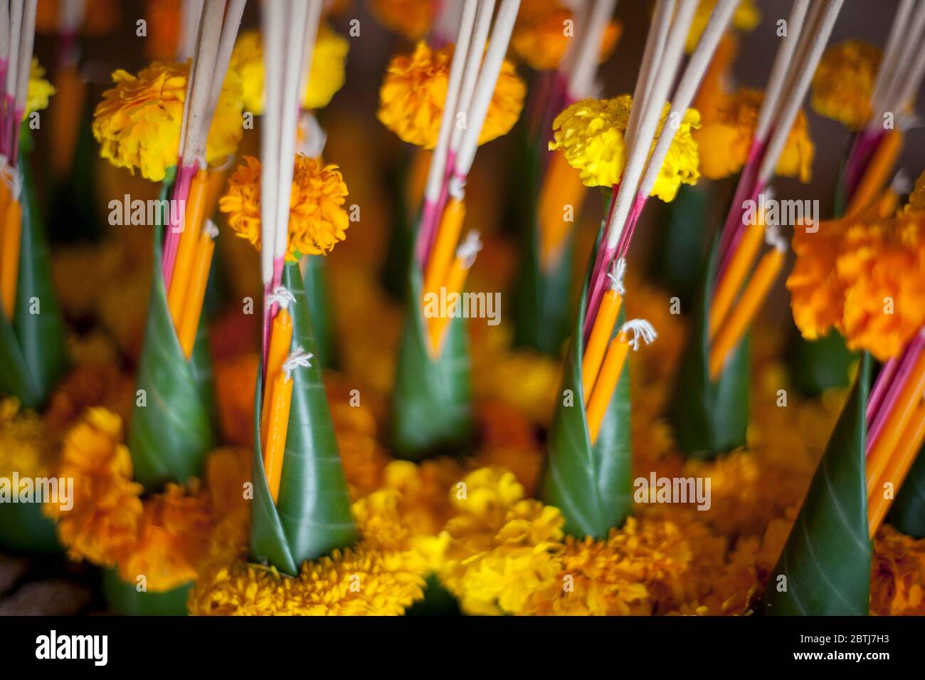 Opfergaben aus Weihrauch, Kerzen und Blumen in den Pak Ou Höhlen, Nord-Laos, Südostasien Stockfoto