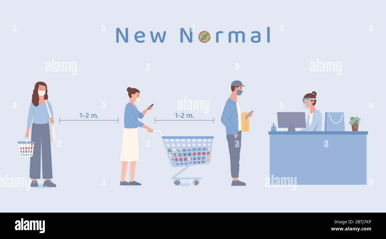 Menschen mit Warenkorb und Warte-Korb stehen in der Warteschlange im Supermarkt für die Zahlung an der Kasse zu warten. Die neue Normalität. Stock Vektor