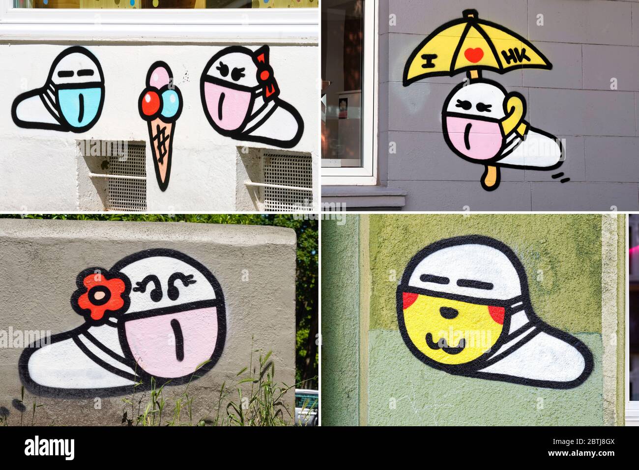 Dortmund, 26. Mai 2020: Maskenwürmer. Seit Ausbruch der Koronakrise im März 2020 sind kleine Corona-Virus-Graffiti mit Mundmaske eines unbekannten Sprayers an vielen Hauswänden in Dortmund zu sehen. --- Dortmund, 26.05.2020: Maskenwürmchen. Seit Ausbruch der Corona-Rise im März 2020 sind kleine Coronaviren-Graffitis mit Mundschutz eines unbekannten Sprayers an vielen Hauswänden in Dortmund zu sehen. Stockfoto