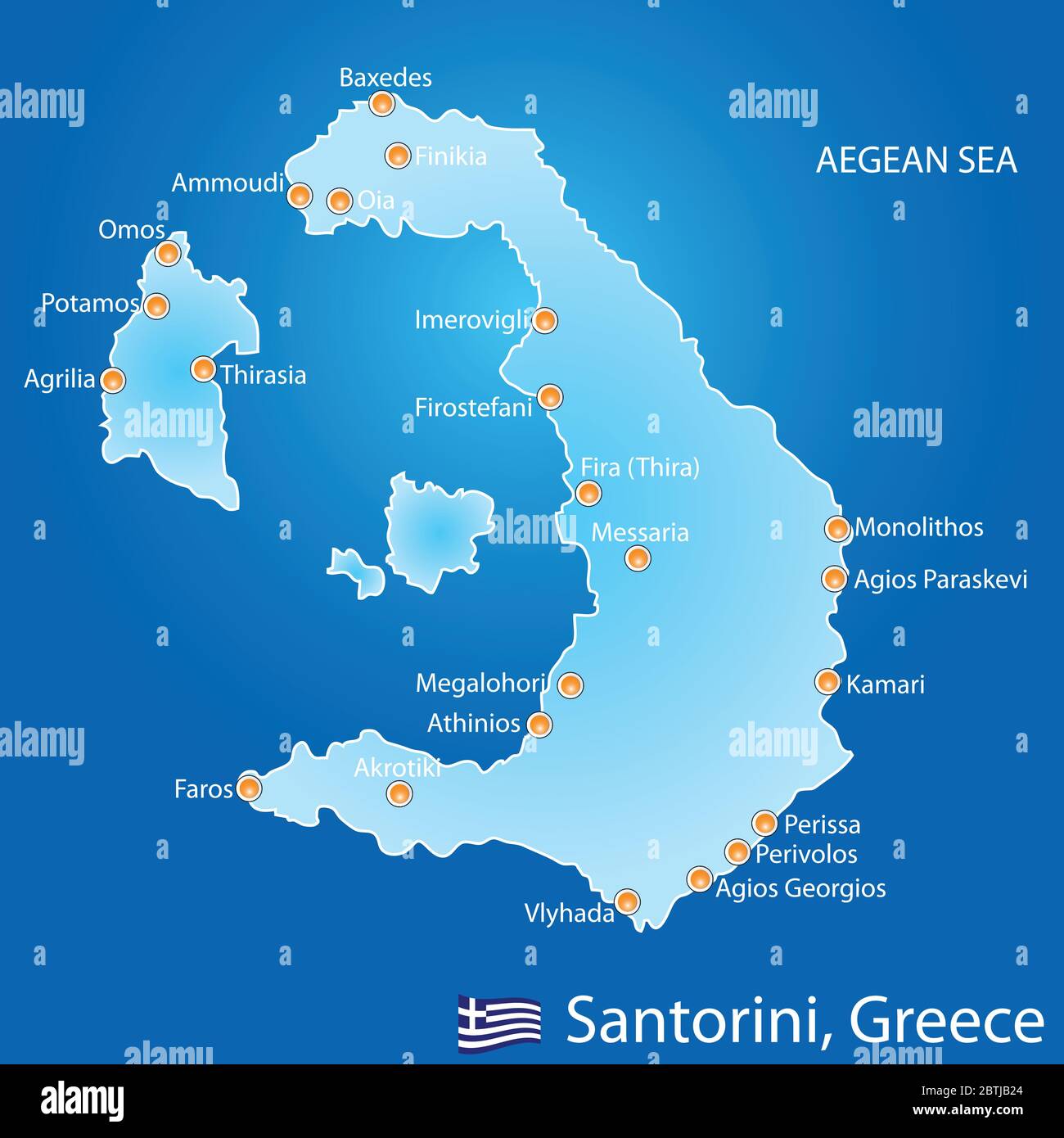 Insel Santorini in Griechenland Karte auf blauem Hintergrund Stock Vektor