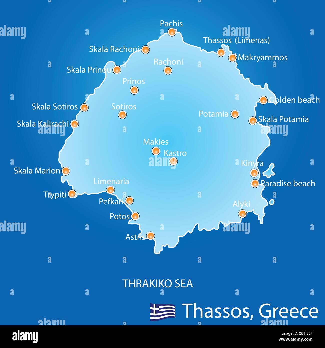 Insel Thassos in Griechenland Karte auf blauem Hintergrund Stock Vektor