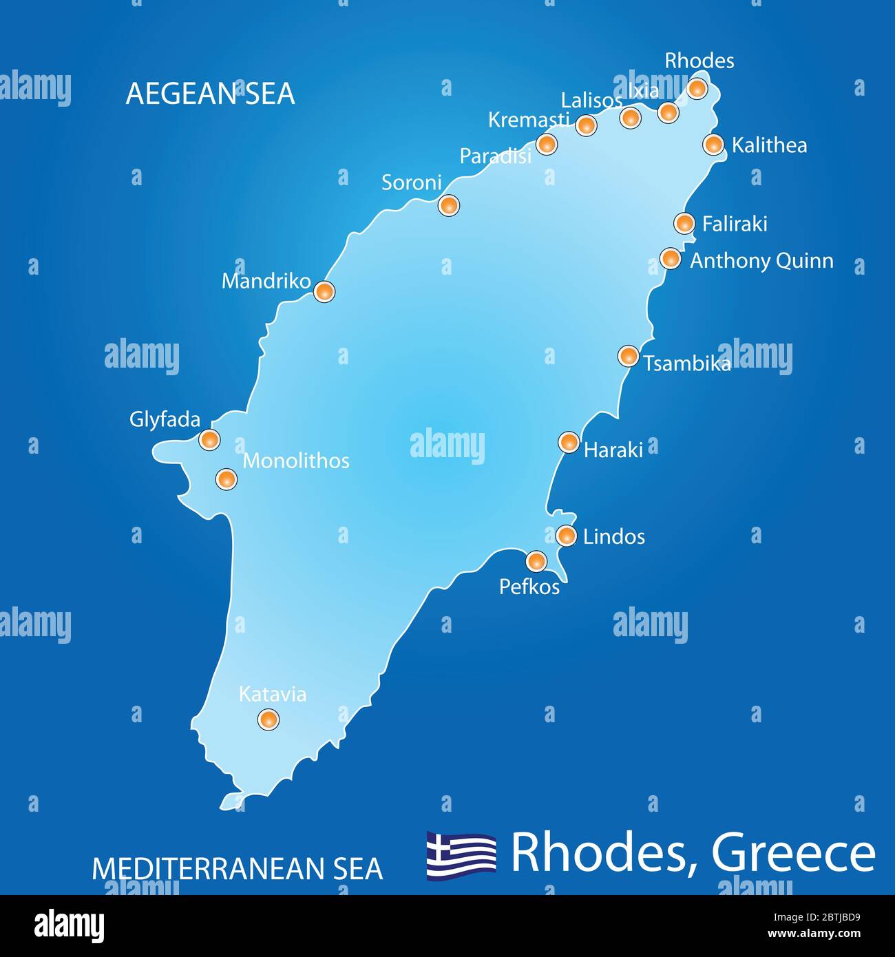 Insel Rhodos in Griechenland Karte auf blauem Hintergrund Stock Vektor