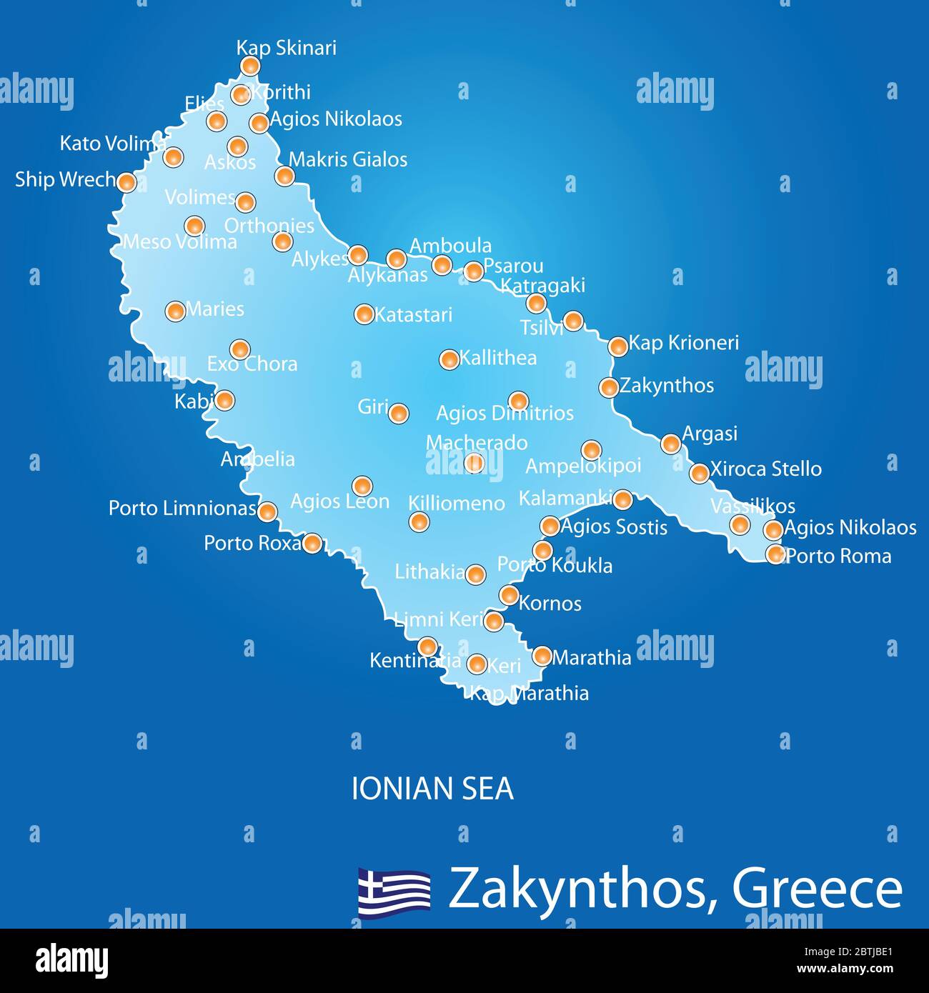 Insel Zakynthos in Griechenland Karte auf blauem Hintergrund Stock Vektor
