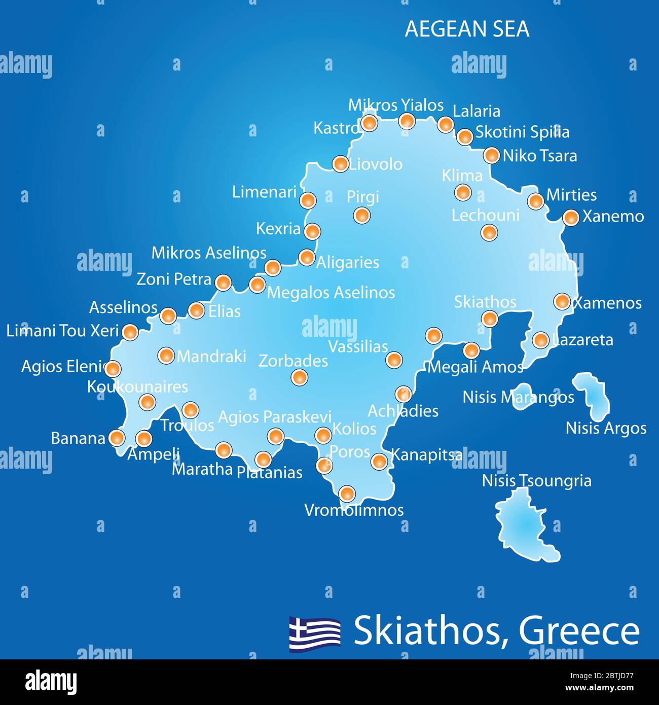 Insel Skiathos in Griechenland Karte auf blauem Hintergrund Stock Vektor