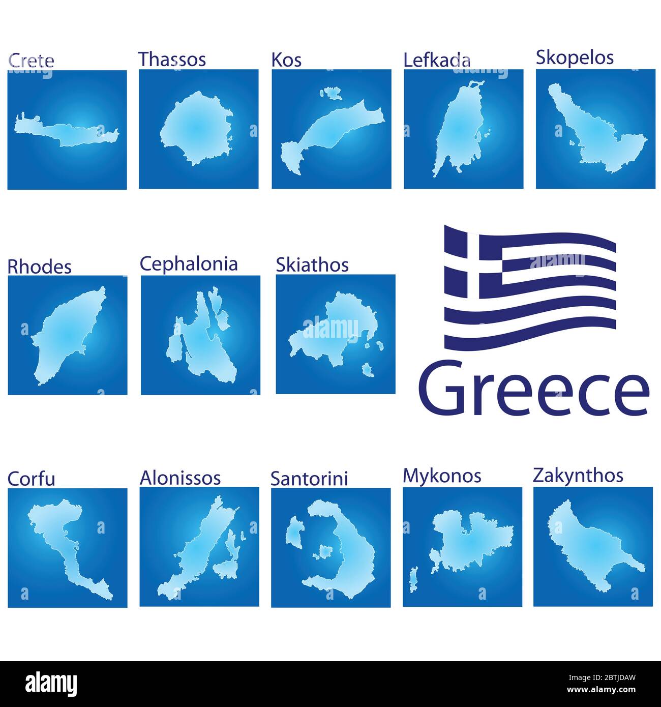 Inselkarte auf Griechenland Vektorgrafik auf blauem Hintergrund Stock Vektor