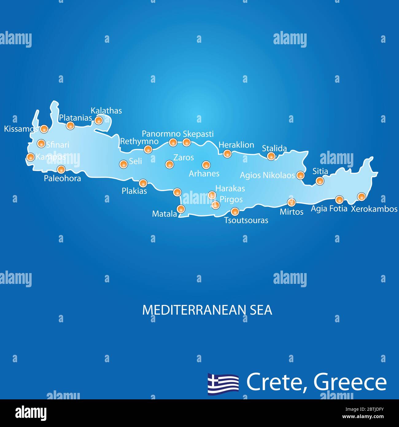 Insel Kreta in Griechenland Karte auf blauem Hintergrund Stock Vektor