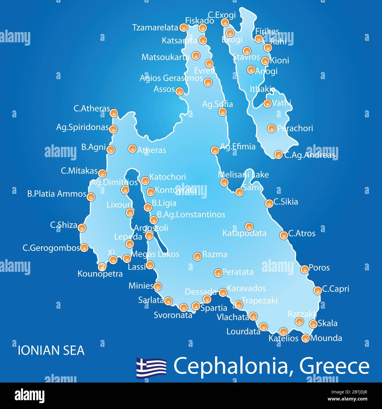 Insel Kefalonia in Griechenland Karte auf blauem Hintergrund Stock Vektor