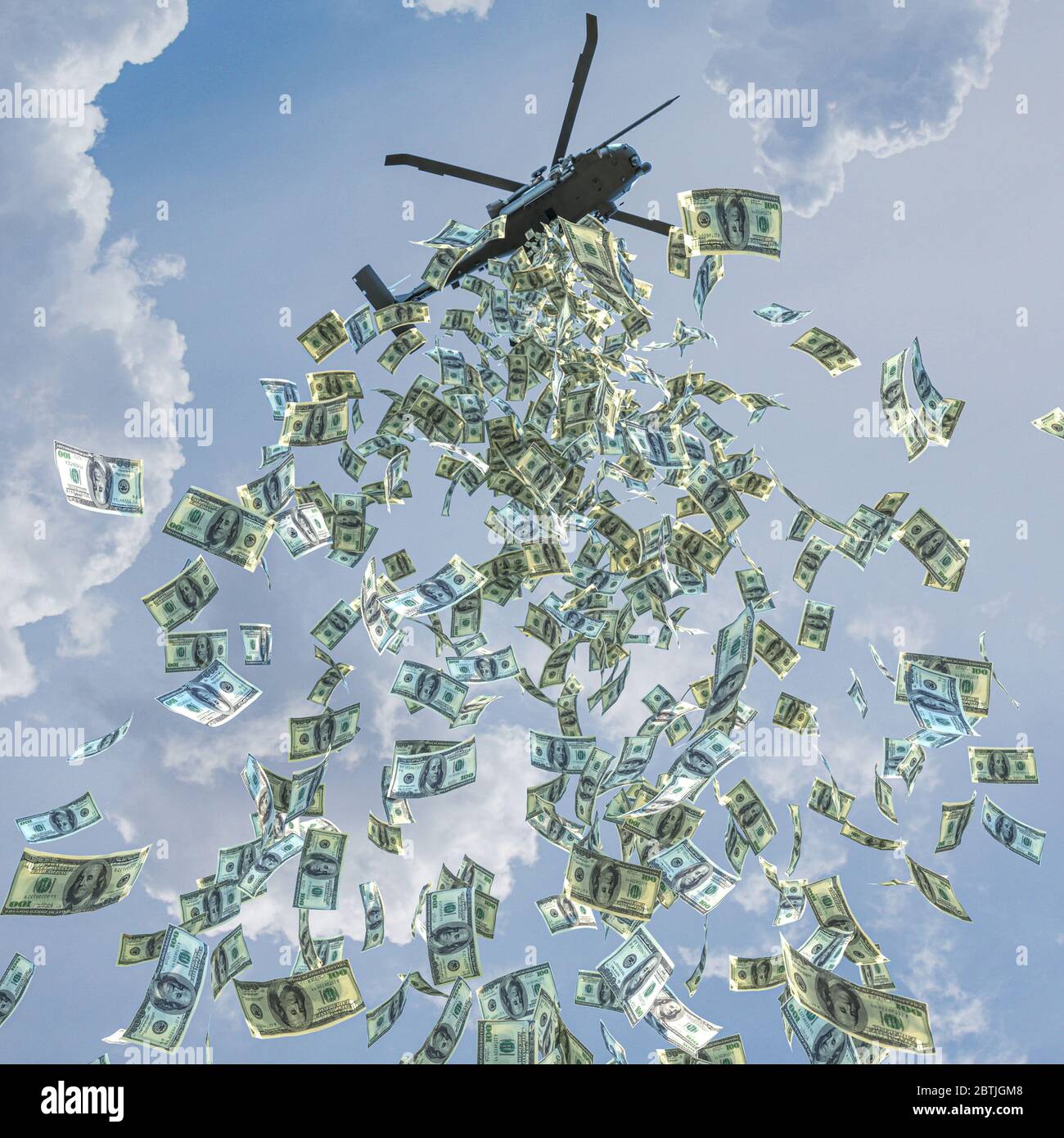Hubschrauber Geld Konzept, Dollar sind verteilt, um die finanzielle Liquidität zu erhöhen. Wirtschaft und Finanzen. 3d-Rendern. Stockfoto