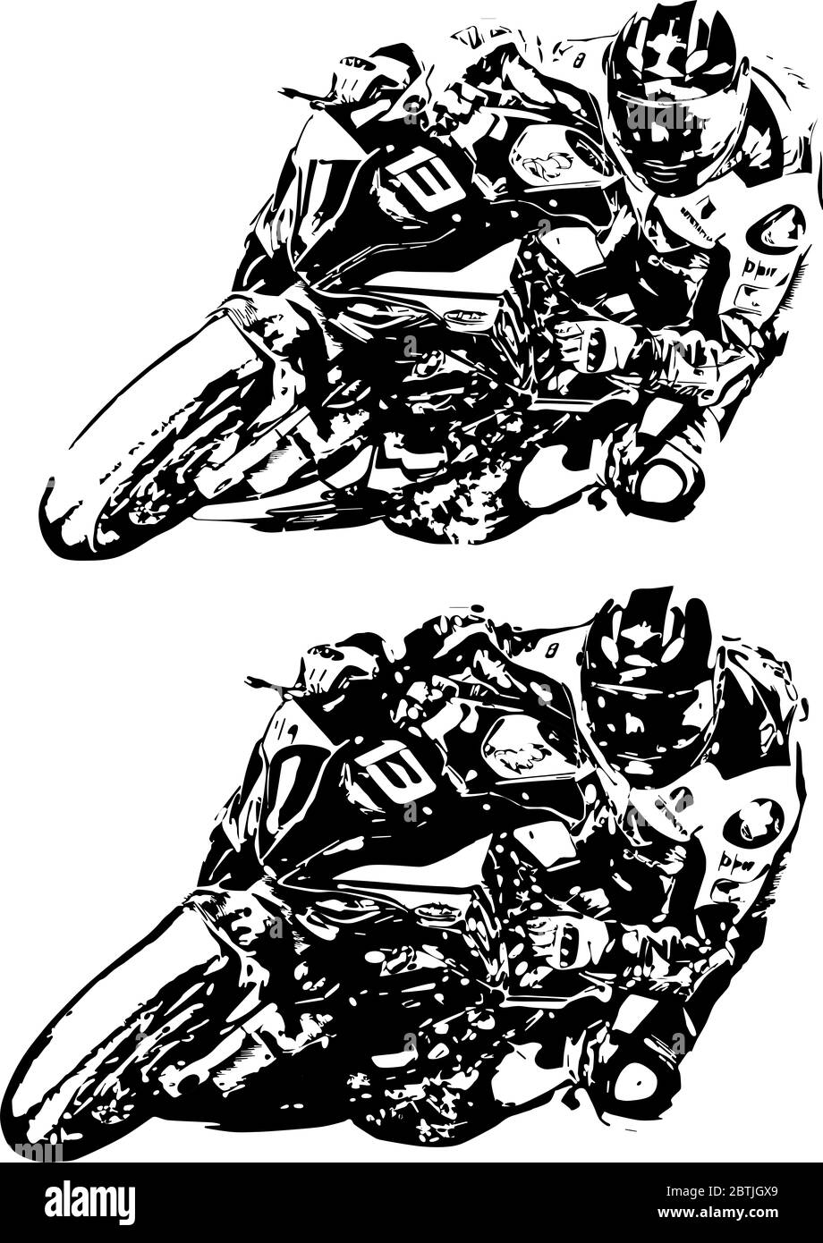 Motorrad Übung in einer schnellen Ecke auf der Strecke gelehnt. Stockfoto