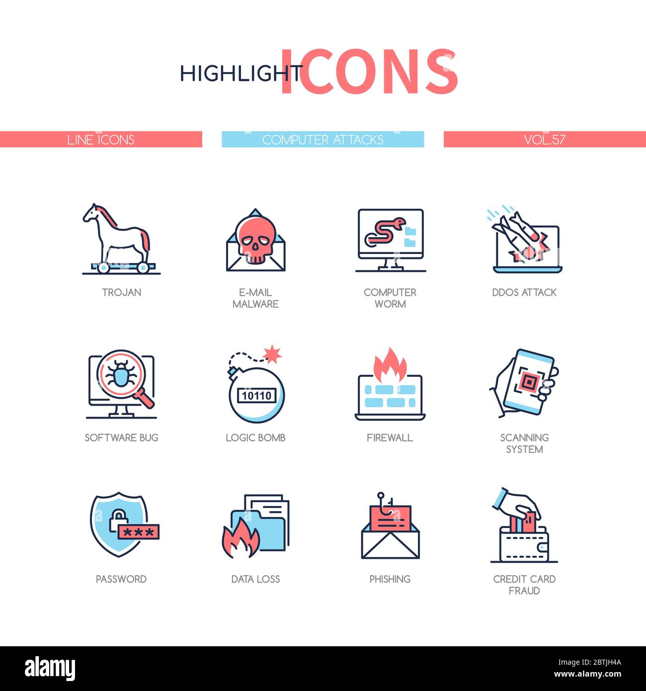 Computer-Angriffe - Liniendesign Stil Symbole gesetzt Stock Vektor