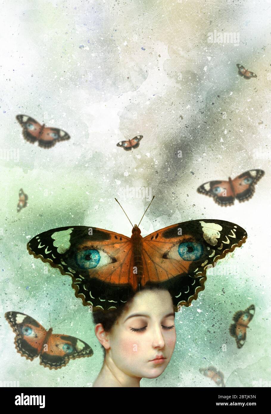 Ein surreales Porträt eines Mädchens mit geschlossenen Augen und Schmetterlingen Stockfoto