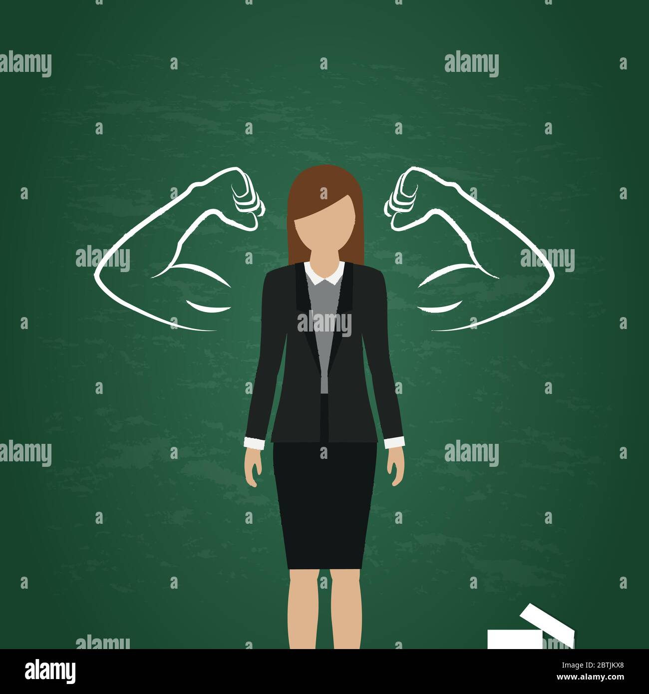 Geschäftsfrau mit gezogenen muskulösen Armen auf Tafel Hintergrund Vektor-Illustration EPS10 Stock Vektor