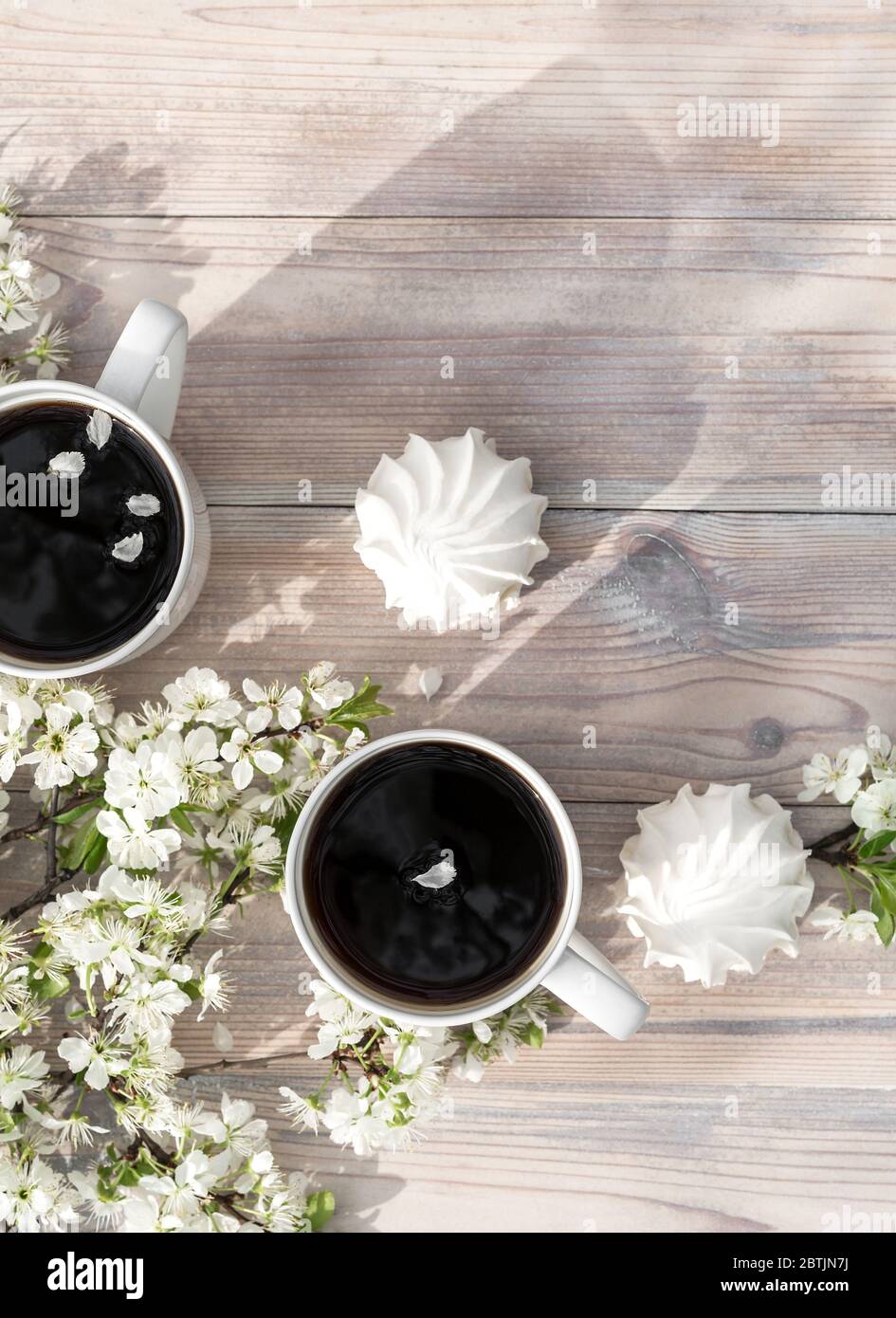 Zwei schöne Porzellan Kaffeetassen mit Marshmallow Dessert mit weißen Kirschblüten auf Holztisch im Frühlingsgarten im Sonnenuntergang dekoriert Stockfoto