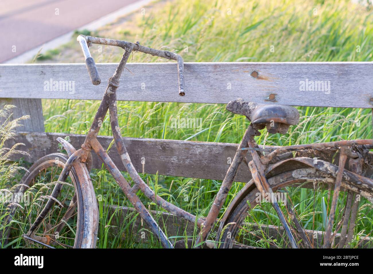 Ein altes verlassene rostige Fahrrad parkte gegen Holzzaun. Altmodische klassische Fahrrad steht vergessen entlang eines Radweges. Aus dem Graben gefischt Stockfoto