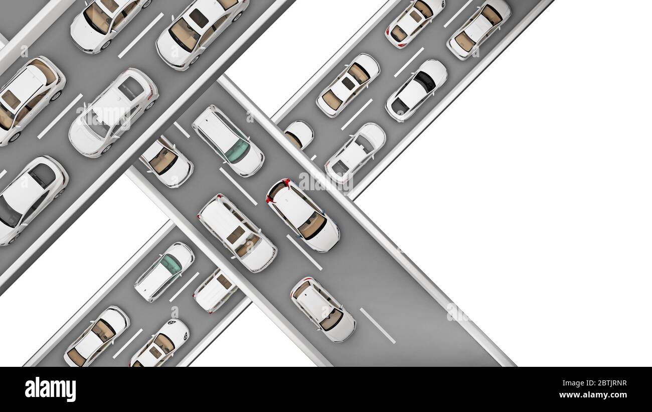 Straßen mit weißen Autos in verschiedenen Höhen mit Kopierraum. 3d-Rendering Stockfoto