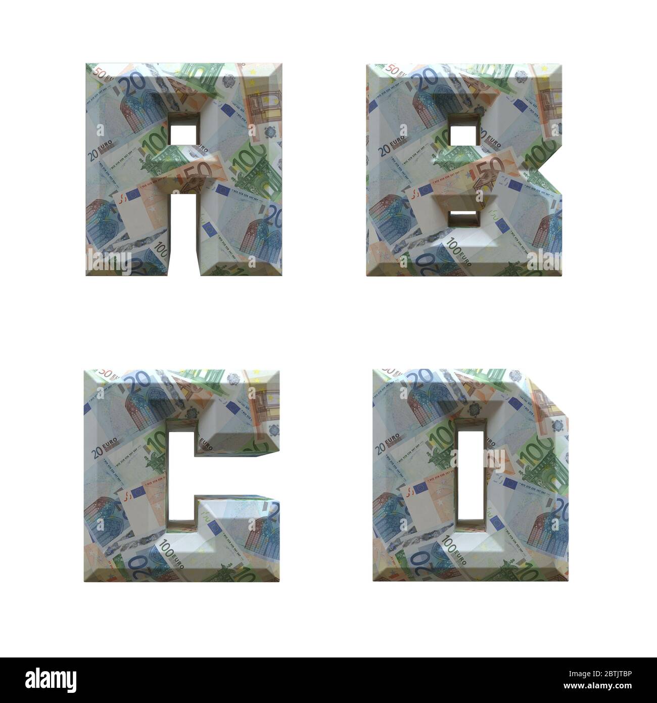 3D-Alphabet umwickelt mit Euro-Banknoten: Buchstaben A-D auf weißem Hintergrund Stockfoto