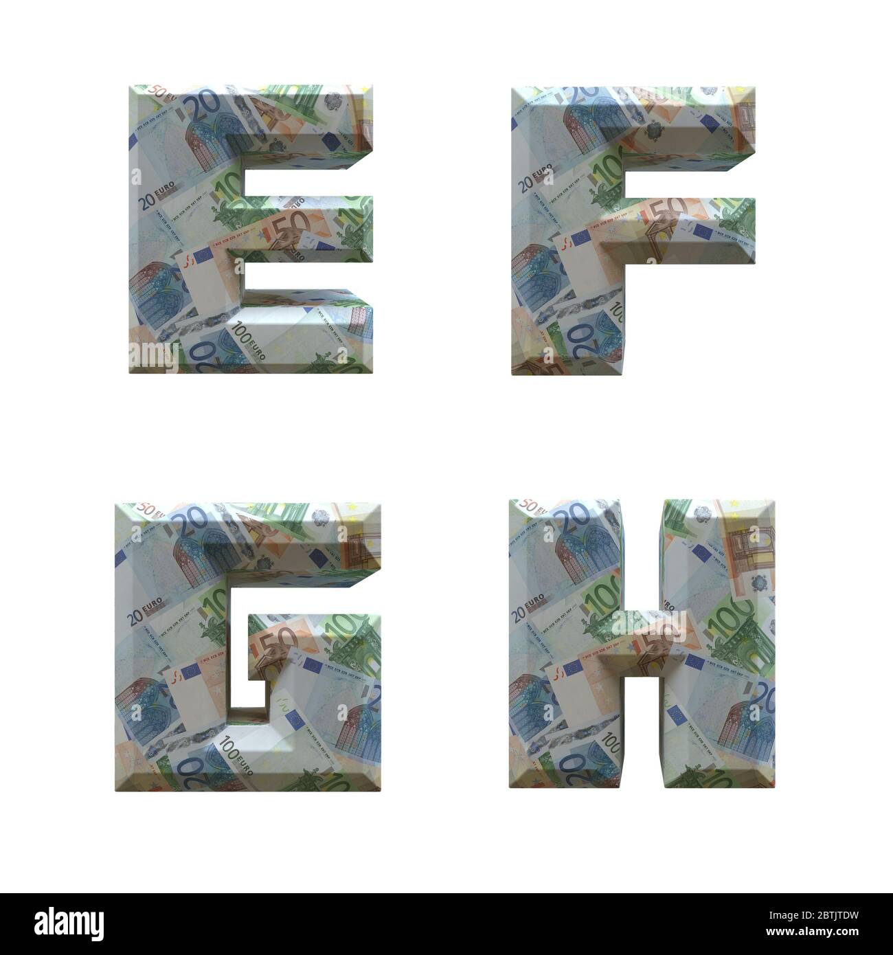 3D-Alphabet mit Euro-Banknoten umwickelt: Buchstaben E-H auf weißem Hintergrund Stockfoto