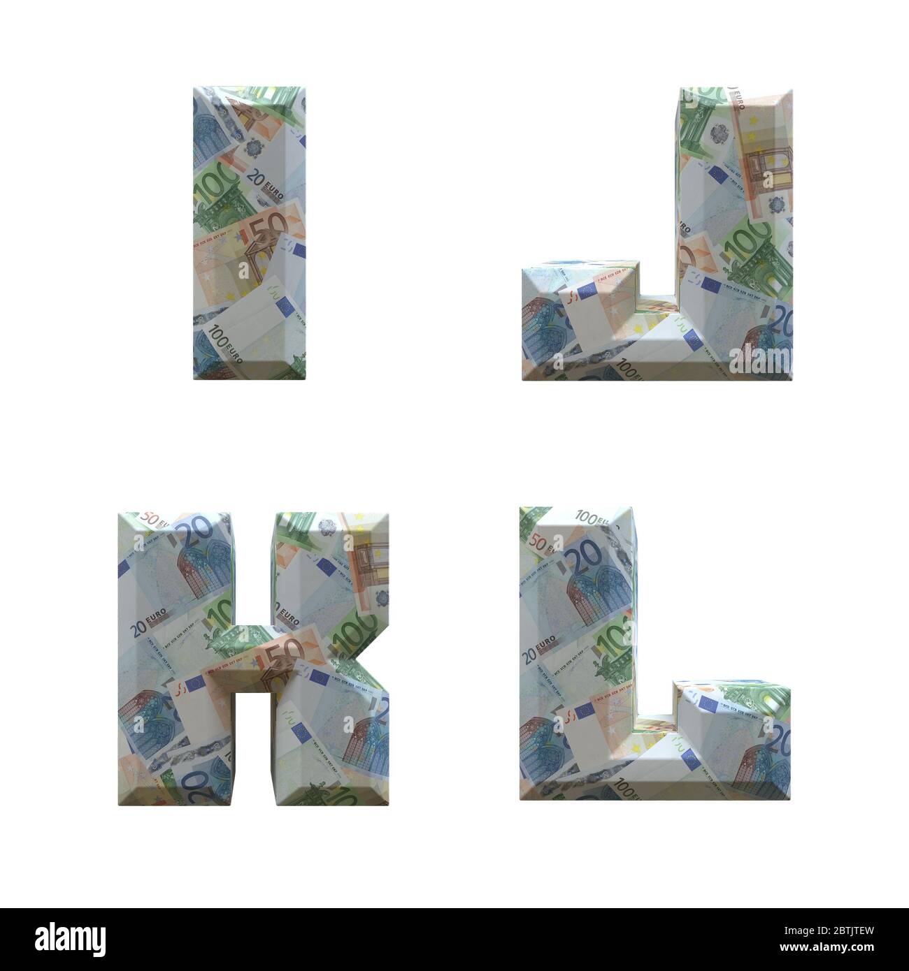 3D-Alphabet umwickelt mit Euro-Banknoten: Buchstaben I-L auf weißem Hintergrund Stockfoto
