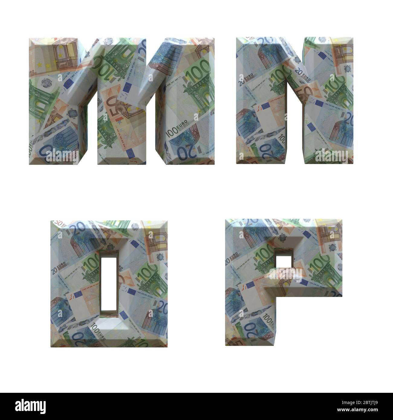 3D-Alphabet umwickelt mit Euro-Banknoten: Buchstaben M-P auf weißem Hintergrund Stockfoto