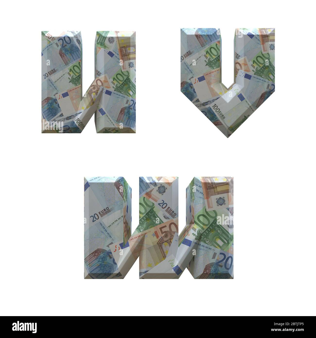 3D-Alphabet umwickelt mit Euro-Banknoten: Buchstaben U-W auf weißem Hintergrund Stockfoto