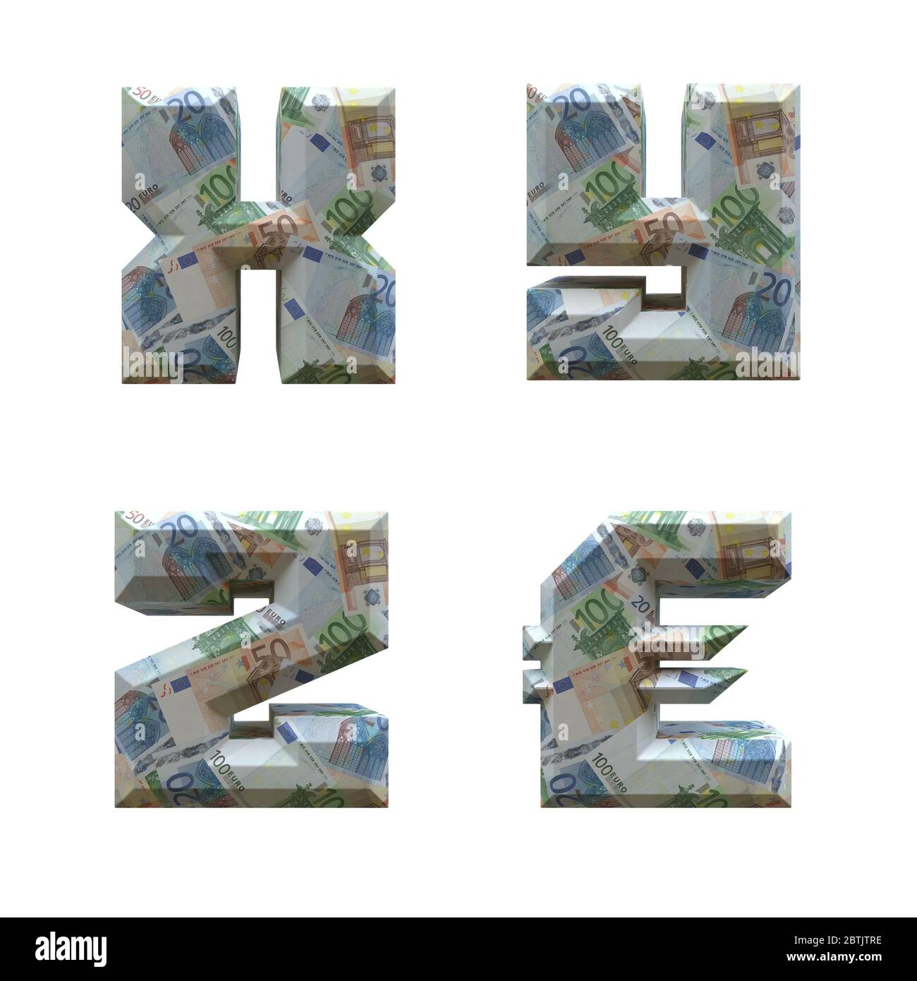 3D-Alphabet umwickelt mit Euro-Banknoten: Buchstaben X-Z und Euro-Zeichen auf weißem Hintergrund Stockfoto