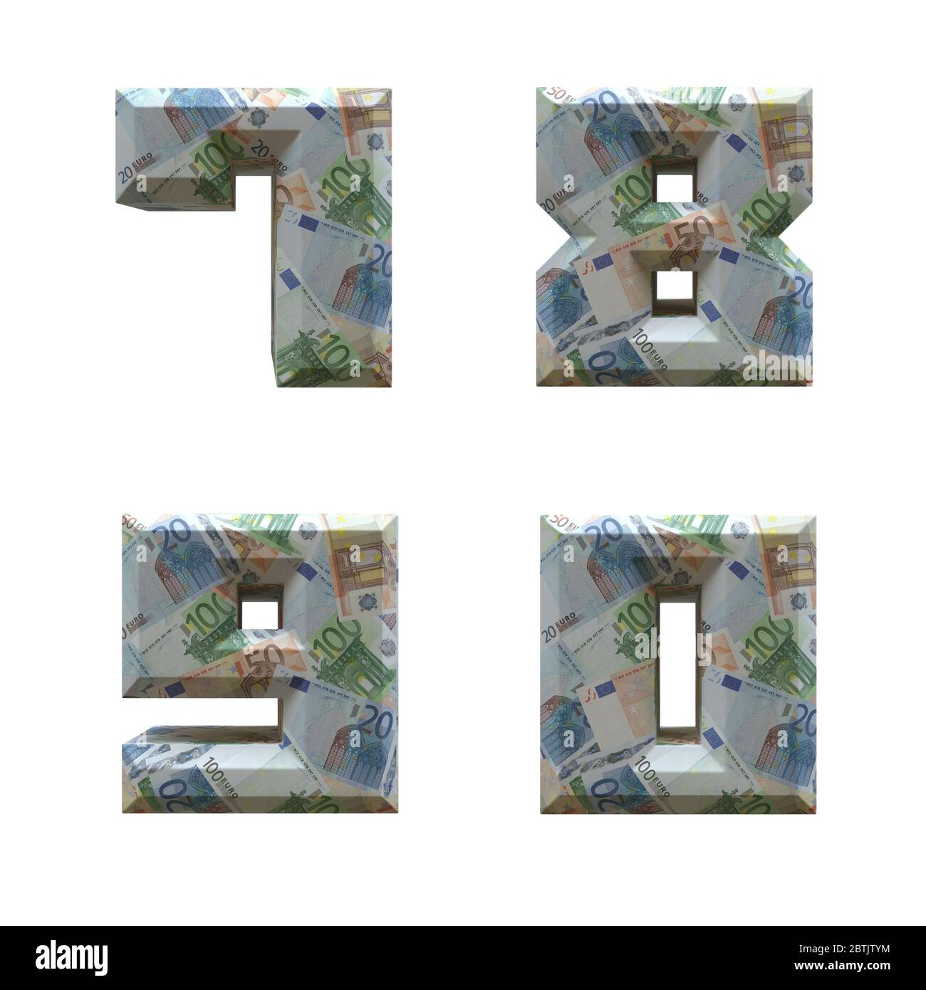 3D-Alphabet umwickelt mit Euro-Banknoten: Ziffern 7-0 auf weißem Hintergrund Stockfoto