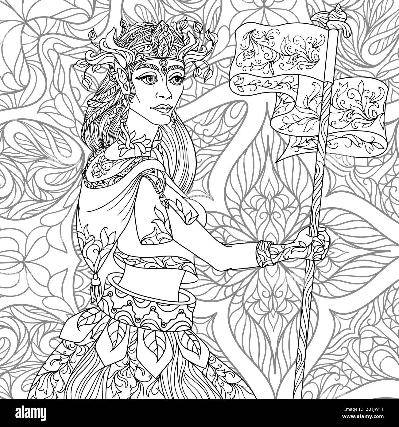 Zentangle Fantasy Malvorlagen für Erwachsene Anti Stress mit schönen Mädchen Elfe Gesicht mit schwarzem und weißem Hintergrund Stockfoto